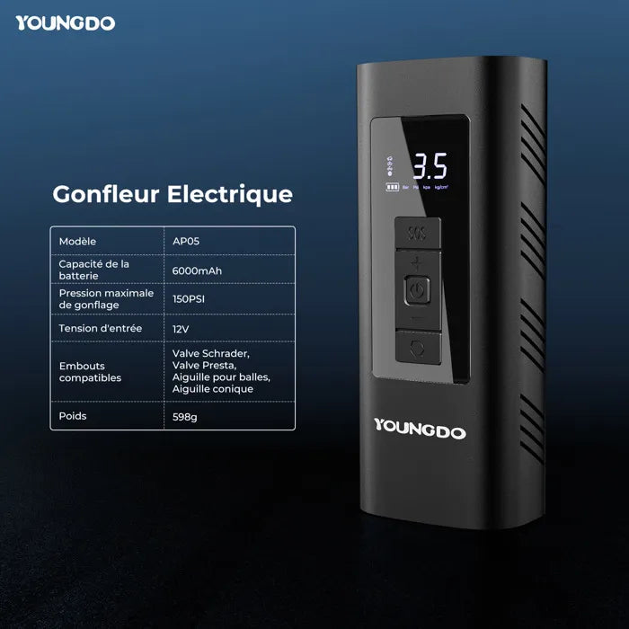 Outil d'urgence pour Voiture 3-En-1: Gonfleur, Chargeur, Éclairage LED